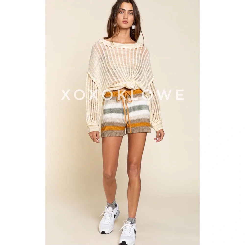 POL Olive Multi Striped Knit Shorts